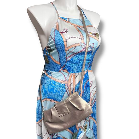 Calvin Klein Womens Faux Leather Evening Bag Crossbody Purse Metallic Gold - Picture 9 of 10